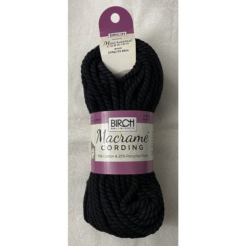 Birch Macrame Cording 4mm BLACK 228G, 22.86m Skein