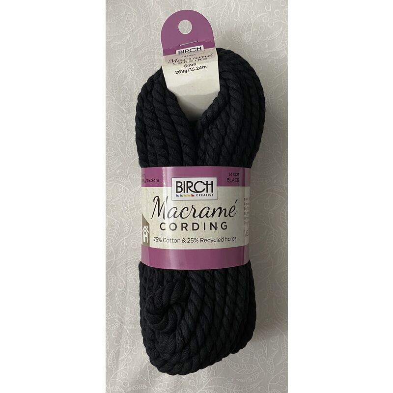 Birch Macrame Cording 6mm BLACK 268G, 15.24m Skein