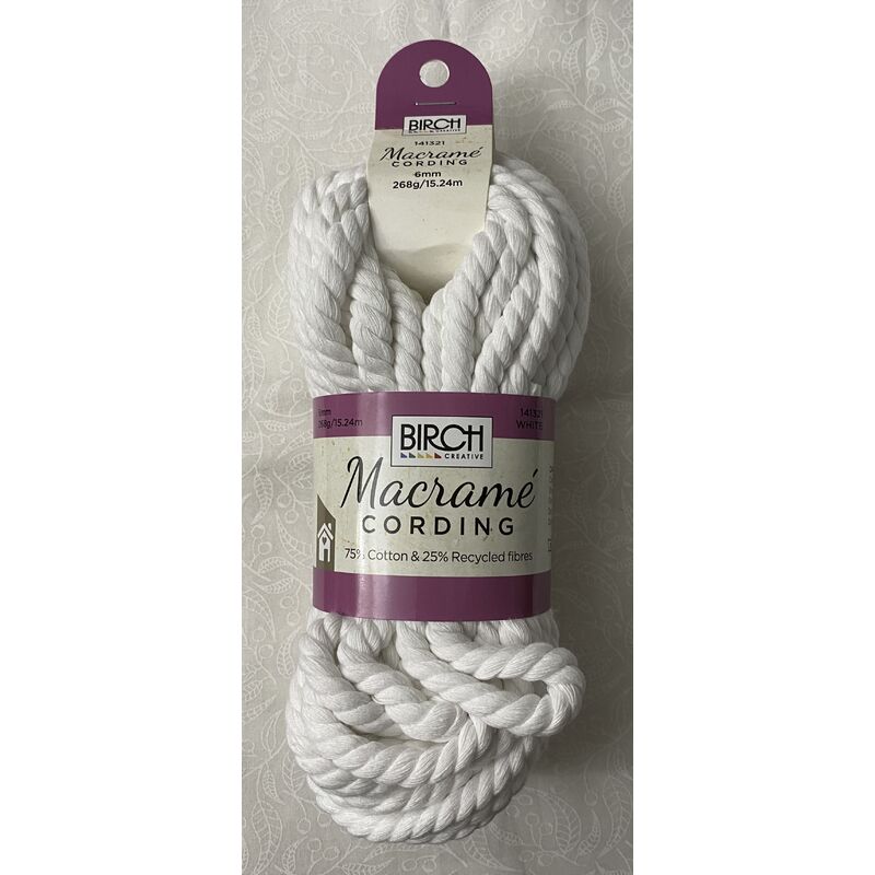 Birch Macrame Cording 6mm WHITE 268G, 15.24m Skein