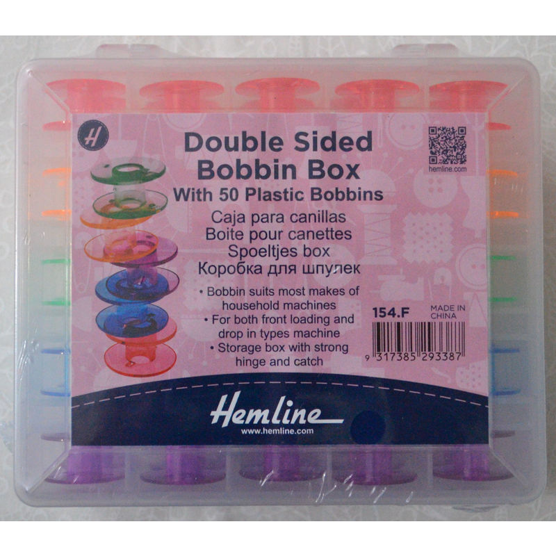 Hemline Double Sided Bobbin Box with 50 Plastic Bobbins (Empty - No Thread)