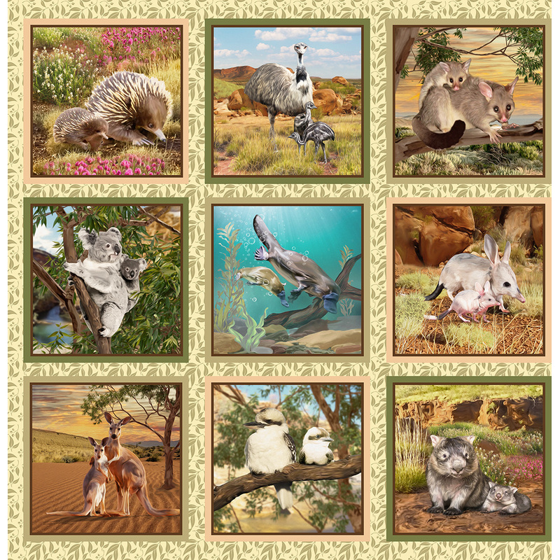 Australia Wildlife Valley II 9 Block Collage (110cm x 106cm) Cotton Fabric 2044B