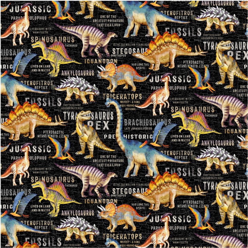 Dinosaurs Dinosaurs DINOSAURS LAND BLACK 110cm wide Cotton Fabric 2091/11144B