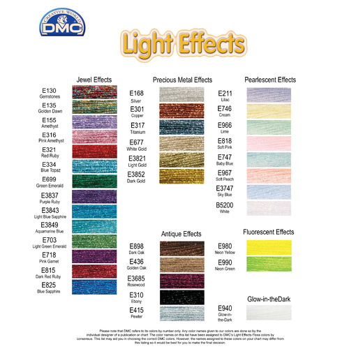 DMC Light Effects Thread, RANGE, 36 Skeins Embroidery Floss, 8m Skeins, One Each Colour