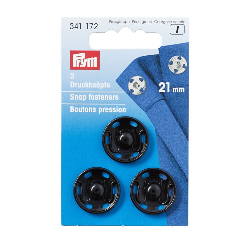 Prym Snap Fasteners, 21mm, Black, 3 Per Pack, #341172