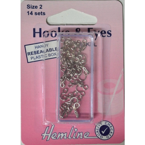 Hemline Rustproof Brass Hooks & Eyes, Nickle, Size 2, 14 Sets, Silver Colour