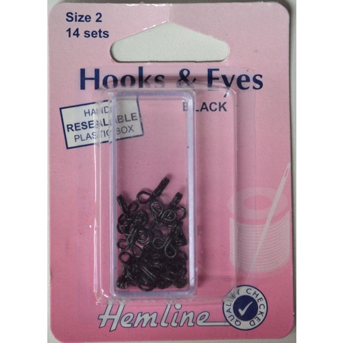Hemline Rustproof Brass Hooks & Eyes, Black, Size 2, 14 Sets