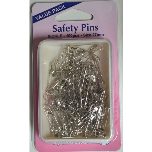 Hemline Safety Pins, Hardened & Tempered, Size 1, 27mm 100 Pieces Approx., Nickle