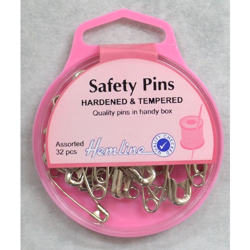 Hemline Safety Pins, Hardened & Tempered, Assorted 32 Pieces, Re-Usable Box