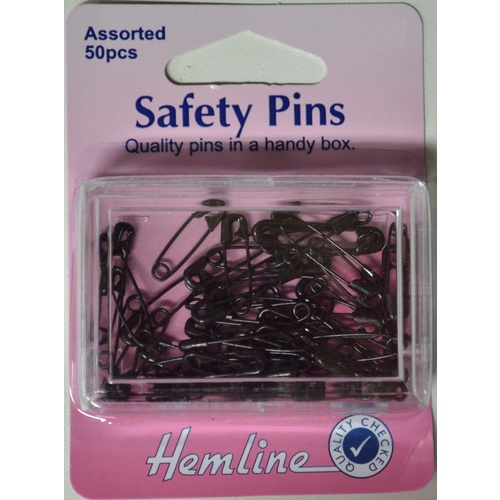 Hemline Safety Pins 19 & 23mm 50 Assort Pieces Black Quality Pins