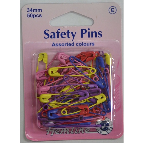 Hemline Safety Pins, 34mm 50pcs, Assorted Colours