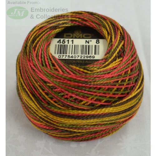 DMC Coloris Thread Perle (Pearl) Cotton No.8 Ball, #4511 VARIEGATED, 10g, 80m