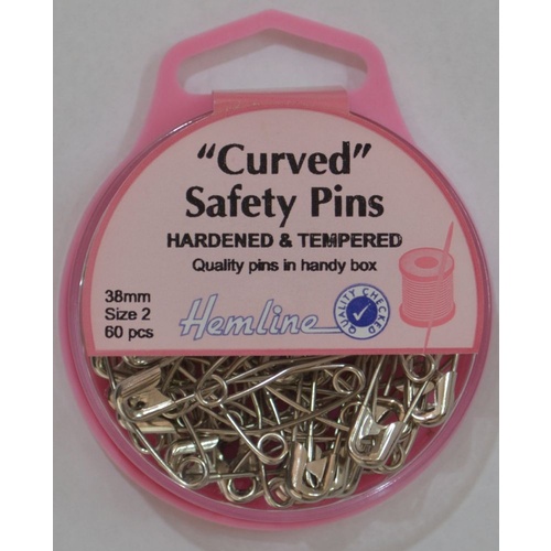 Hemline Curved Safety Pins 38mm 60 Pieces Size 2 Hardened Tempered Quilters Pins