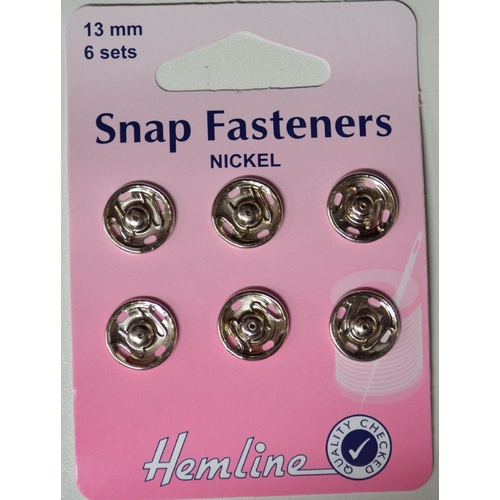 Metal Snap Fasteners, NICKLE, 13mm Dia., 6 Sets Sew-In, By Hemline