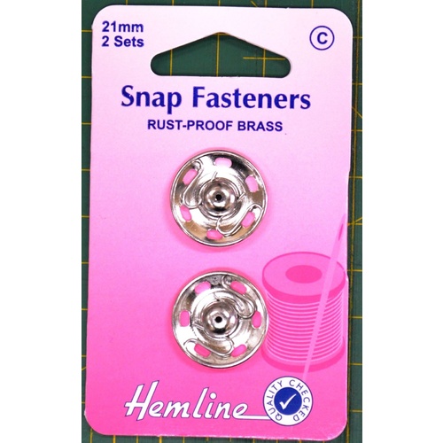 Metal Snap Fasteners, NICKLE, 21mm Dia., 2 Sets Sew-In, By Hemline