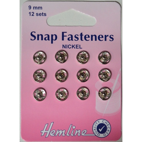 Metal Snap Fasteners, NICKLE, 9mm Dia., 12 Sets Sew-In, By Hemline
