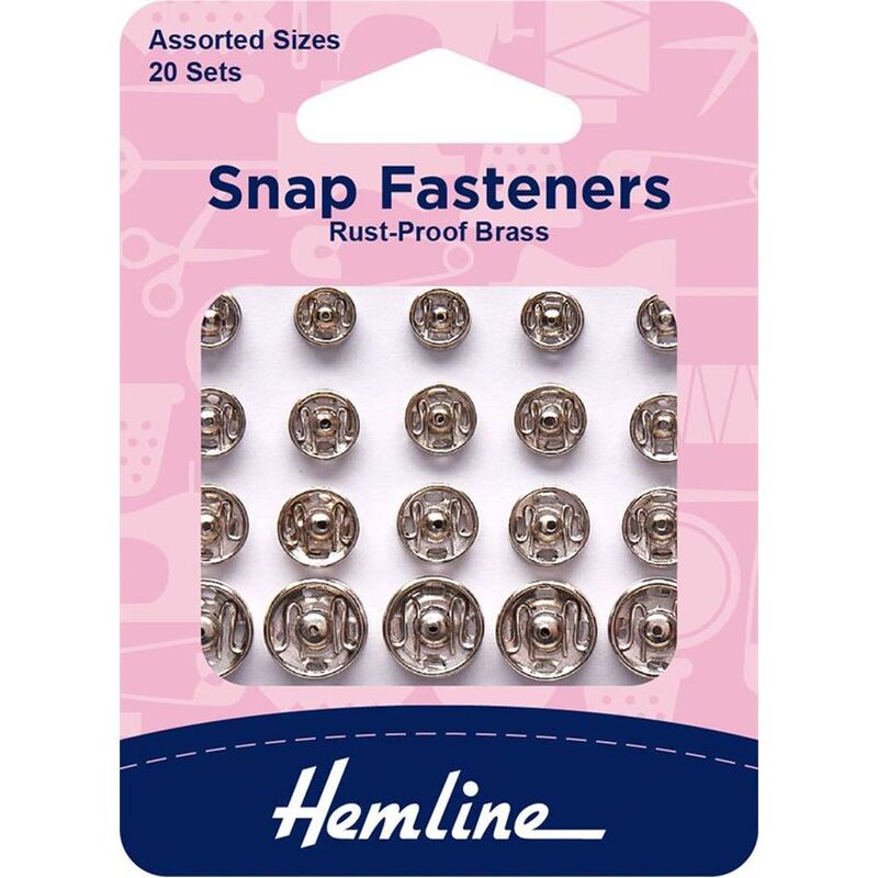 Metal Snap Fasteners, NICKLE, Assorted Dia., 20 Sets Sew-In, By Hemline