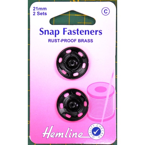 Metal Snap Fasteners, BLACK, 21mm Dia., 2 Sets Sew-In, By Hemline