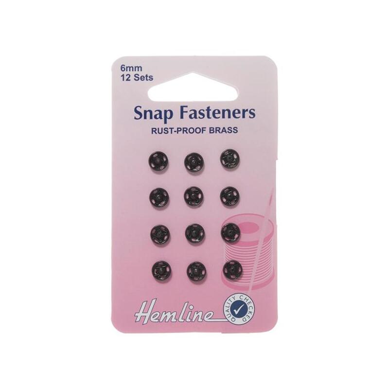 Metal Snap Fasteners, BLACK, 6mm Dia., 12 Sets Sew-In, By Hemline
