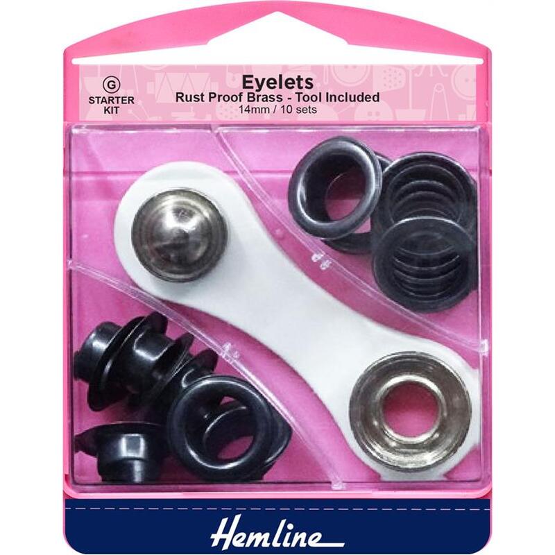 Hemline Eyelets Rust Proof Brass, Tool Included, 14mm, 10 Sets BLACK