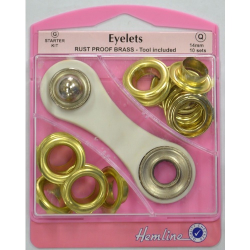 Hemline Eyelets Rust Proof Brass, Tool Included, 14mm, 10 Sets GOLD Colour