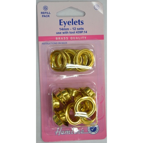 Hemline Eyelets Rust Proof Brass REFILL, 14mm, 12 Sets GOLD Colour