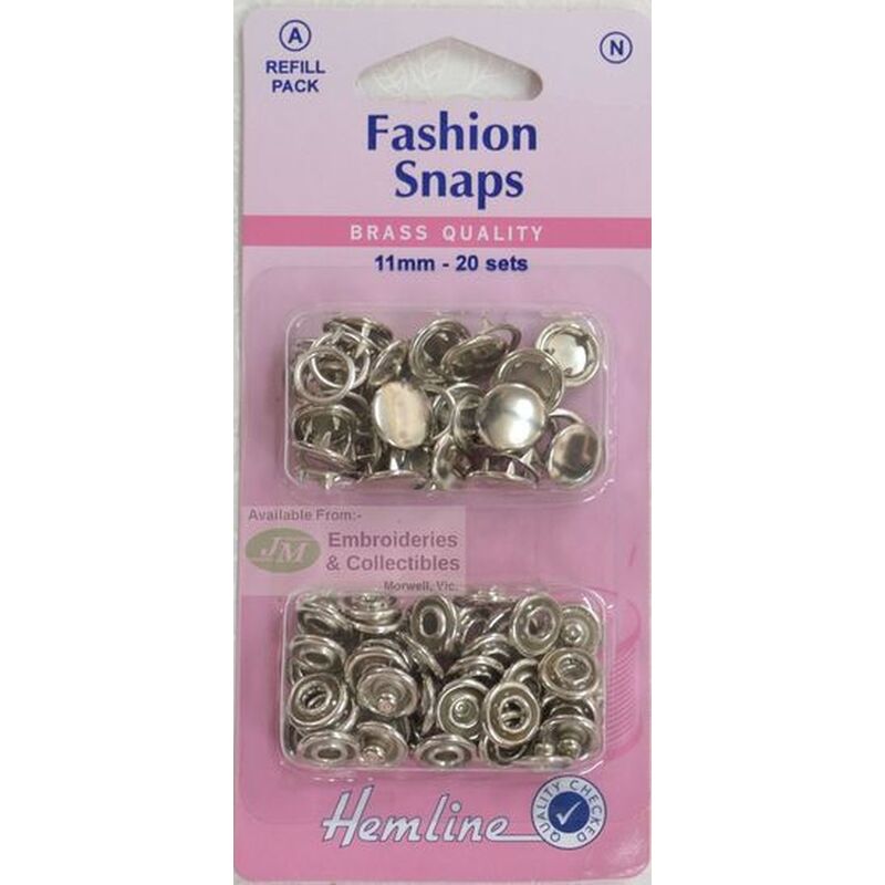 Hemline Fashion Snaps Brass Quality 11mm 20 Sets Refill Pack, SILVER LOOK