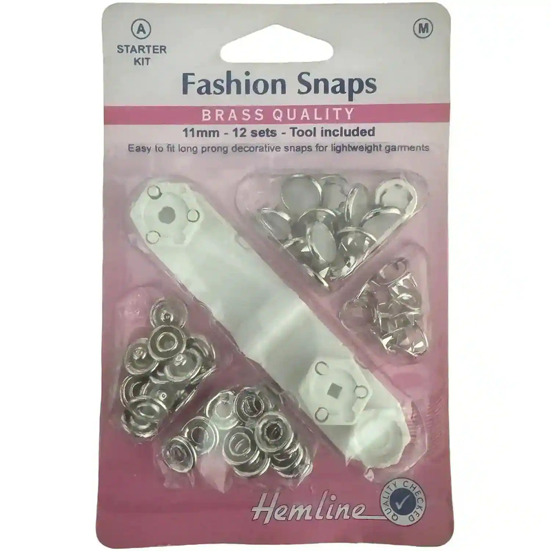 Hemline Fashion Snaps Brass 11mm 12 Sets, Starter Pack Tool Included, PEARL LOOK