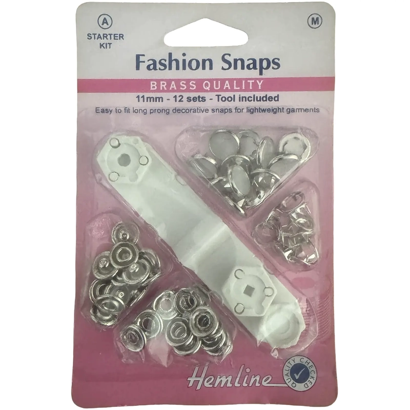Hemline Fashion Snaps Brass 11mm 12 Sets, Starter Pack Tool Included, PEARL LOOK