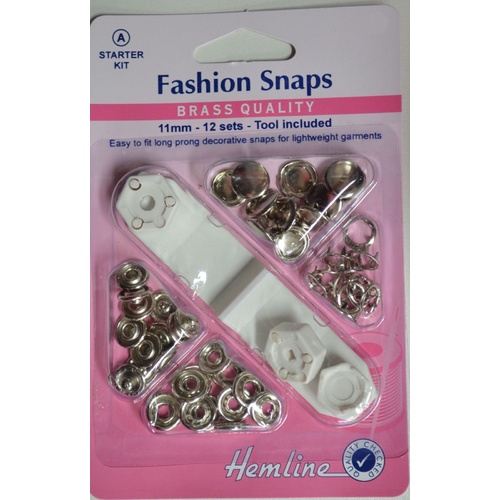Hemline Fashion Snaps, Brass Quality, 11mm, 12 Sets, Starter Pack, Tool Included