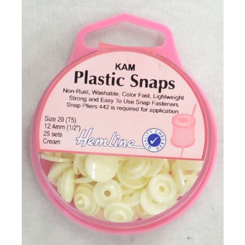 Hemline Kam Plastic Snaps, Size 20 (T5) 12.5mm, CREAM, Washable Non Rust