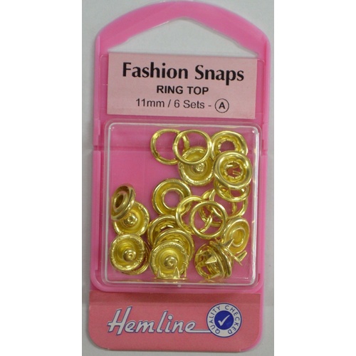 Hemline Fashion Snaps Ring Top 11mm, 6 Sets, GOLD Colour Ring