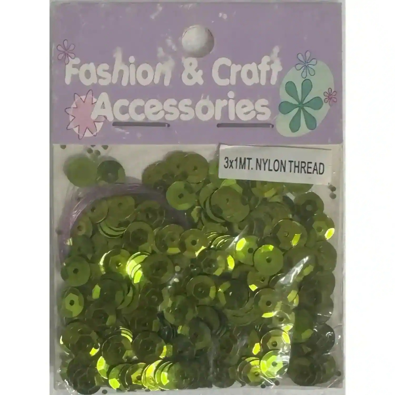 GREEN Sequins & 3 x 1m Nylon Thread Pack, Fashion & Craft Accessories