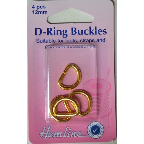 Hemline D Ring Buckles, 12mm, 4 Pcs, Gold Colour, For bags, Straps, Garments