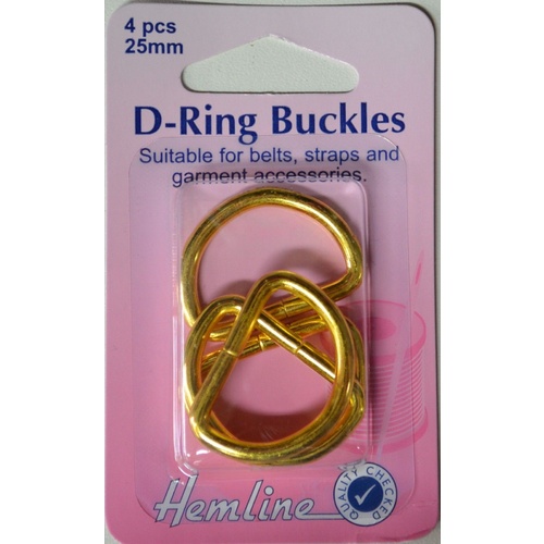 Hemline D Ring Buckles, 25mm, 4 Pcs, Gold Colour, For bags, Straps, Garments