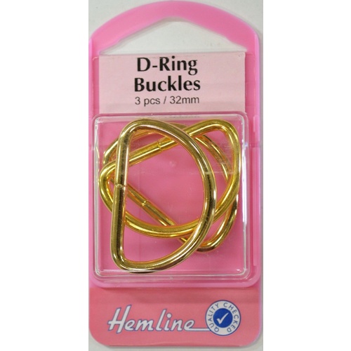 Hemline D Ring Buckles, 32mm, 3 Pcs, Gold Colour, For bags, Straps, Garment Accessories