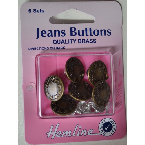 Hemline Jeans Buttons, Quality Brass, Brass Colour, 6 Sets Approx 16mm Diameter
