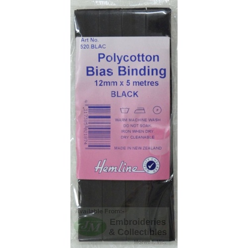 Hemline Polycotton Bias Binding, AKA Hem Facing Tape, 12mm x 5m, BLACK