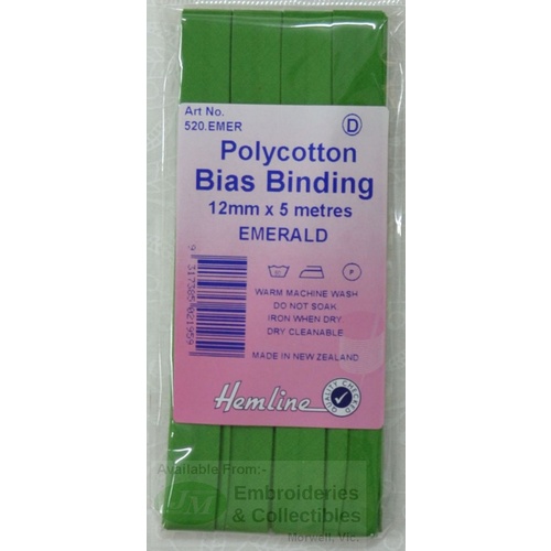 Hemline Polycotton Bias Binding 12mm x 5m, EMERALD GREEN