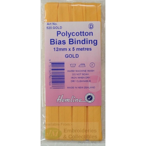 Hemline Polycotton Bias Binding 12mm x 5m, GOLD