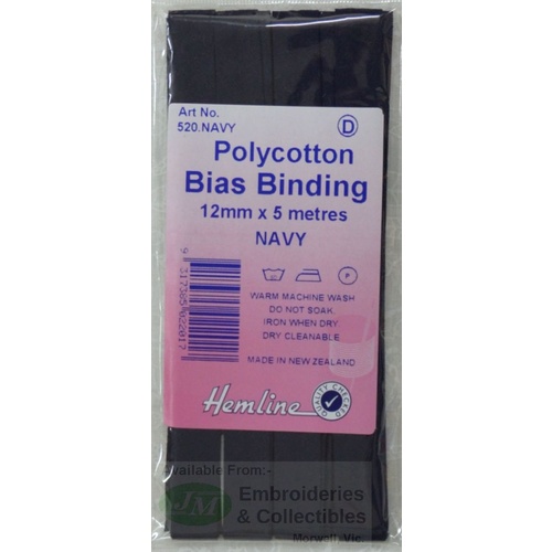 Hemline Polycotton Bias Binding 12mm x 5m, NAVY BLUE, 520.NAVY