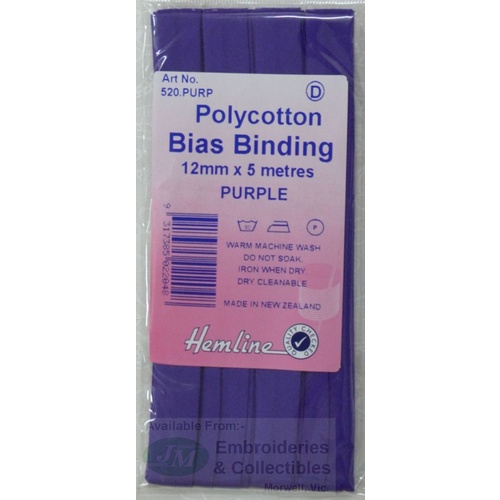 Hemline Polycotton Bias Binding 12mm x 5m, PURPLE