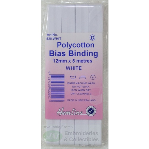 Hemline Polycotton Bias Binding 12mm x 5m, Hem Facing Tape, WHITE