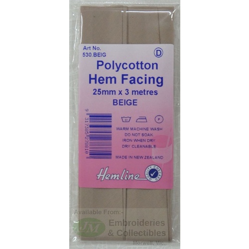 Hemline Polycotton Hem Facing, Bias Binding, 25mm x 3m, BEIGE