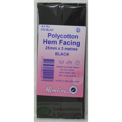 Hemline Polycotton Hem Facing Tape, Bias Binding, 25mm x 3m, BLACK