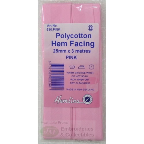 Hemline Polycotton Hem Facing, Bias Binding, 25mm x 3m, PINK
