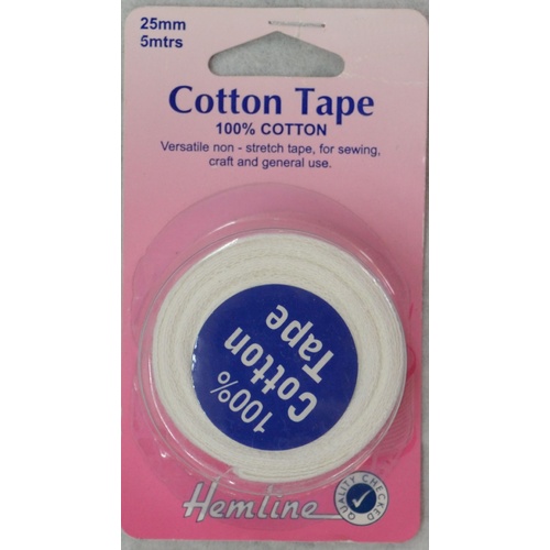 Hemline Cotton Tape, 25mm x 5 Metres, WHITE Non-Stretch 100% Cotton