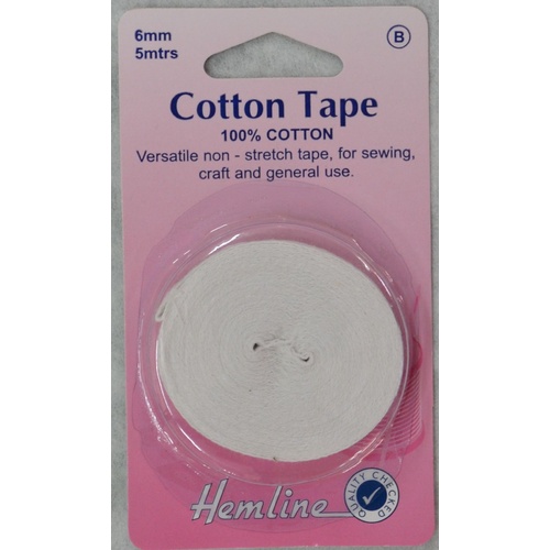 Hemline Cotton Tape, 6mm x 5 Metres, WHITE Non-Stretch 100% Cotton