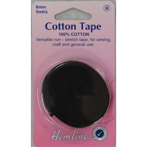 Hemline Cotton Tape, 6mm x 5 Metres, BLACK, Non-Stretch 100% Cotton