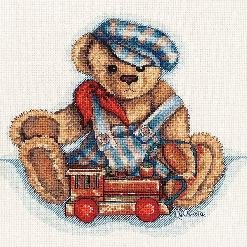 DMC Playtime Bears Casey & Train Cross Stitch Kit, 25 x 22cm, 16ct Aida #581209