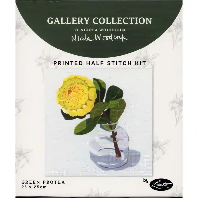 GREEN PROTEA Printed Half Stitch Kit 25cm x 25cm by Nicola Woodcock